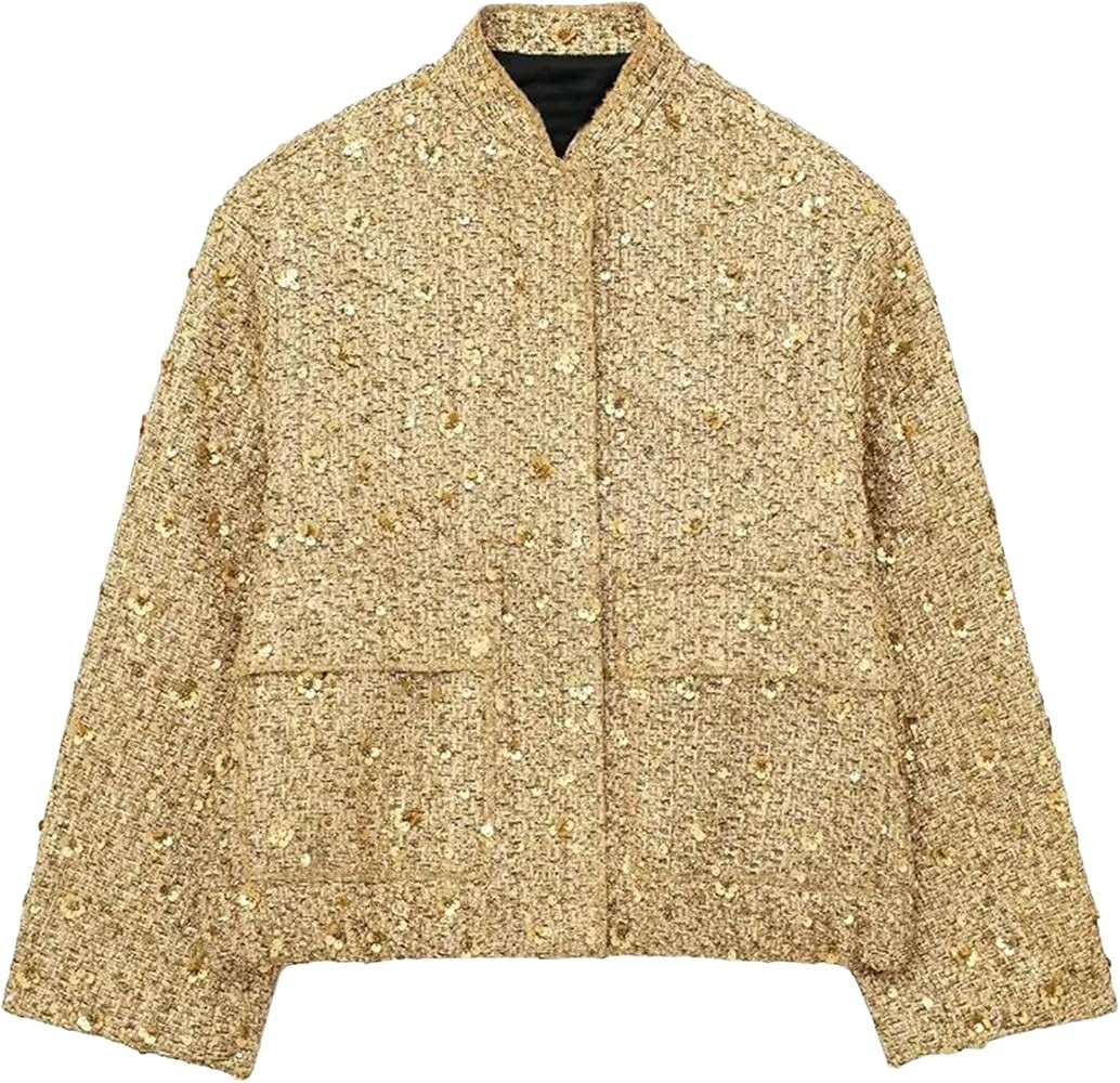 Women Sequin Loose Short Jacket Woman Stylish Sexy Warm Elegant Single Breasted Coats | Amazon (US)