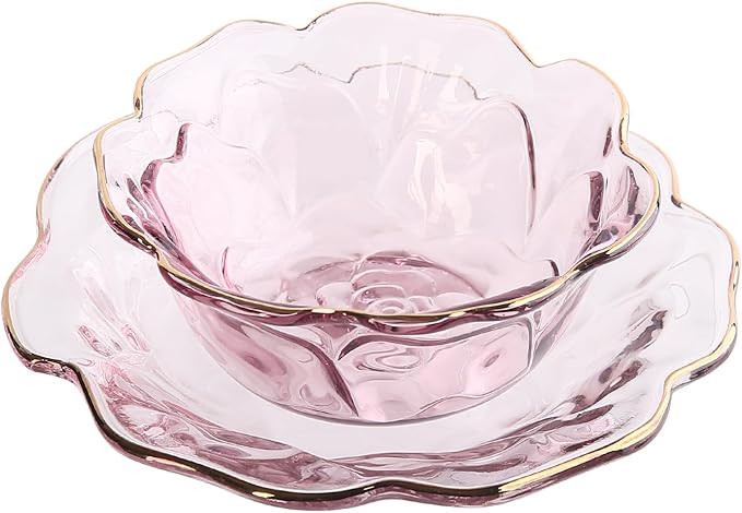 Light Pink with Gold Rim Rose Flower Shaped Glass Plate and Bowl Set, Small Glass Desert Bowl and... | Amazon (US)