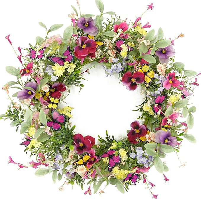 Artificial Spring Wreaths for Front Door Pansy Wreath Summer Wreath with Colorful Pansy,Berry,Dai... | Amazon (US)