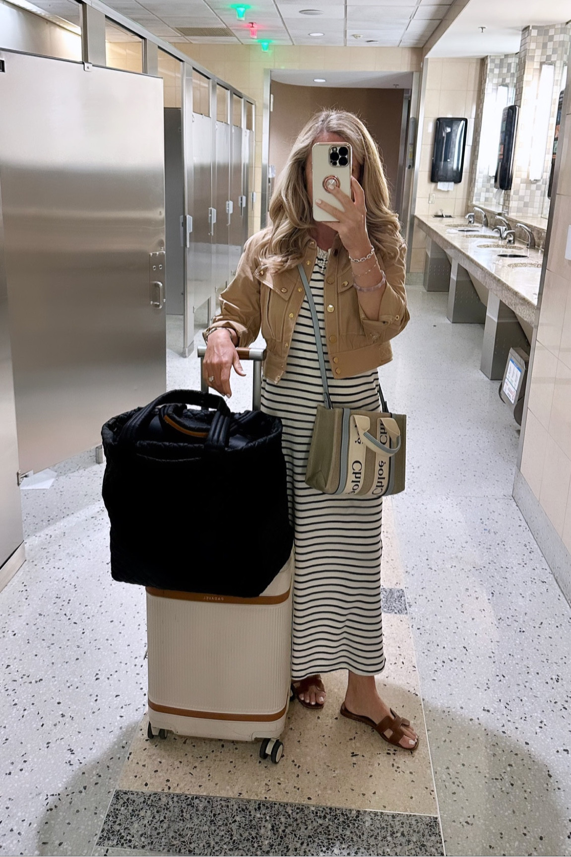 Favorite travel look 
Cream and black stripe tshirt maxi dress 
Cropped khaki denim jacket 
Veronica Beard
Best carry-on suitcase Paravel 
Best travel tote MaZ Wallace  

#LTKtravel #LTKSeasonal #LTKstyletip