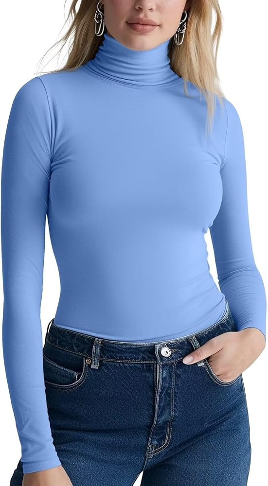 Zengjo Long Sleeve Turtleneck Women Stretch/Short Sleeve Tops Fitted Tee Shirt | Amazon (US)
