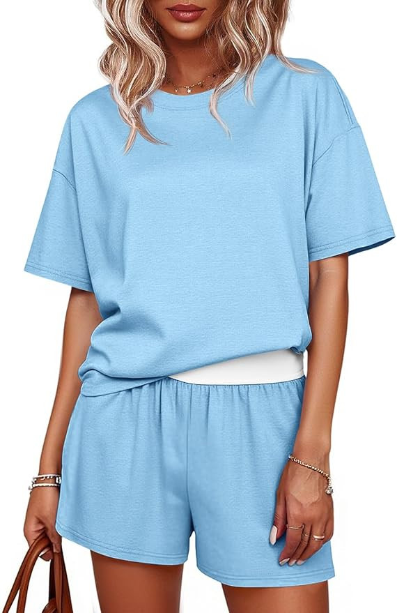 Tankaneo Womens Short Sets 2 Piece Summer Vacation Outfits Short Sleeve T-shirts Elastic Waist Sh... | Amazon (US)