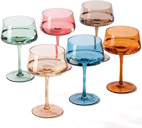 Hand Blown Colored Coupe Glasses Set of 6-13oz large Crystal Martini, Cocktail & Champagne Glasse... | Amazon (US)