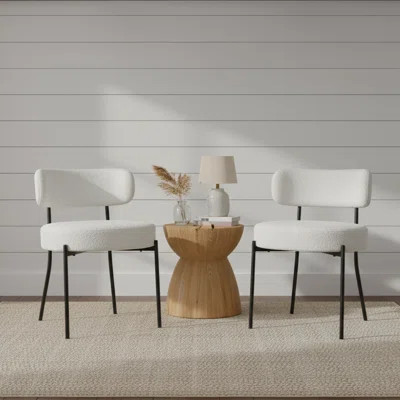 Mid-century Modern White Boucle Upholstered Dining Chairs,  With Curved Back & Black Metal Legs | Wayfair North America