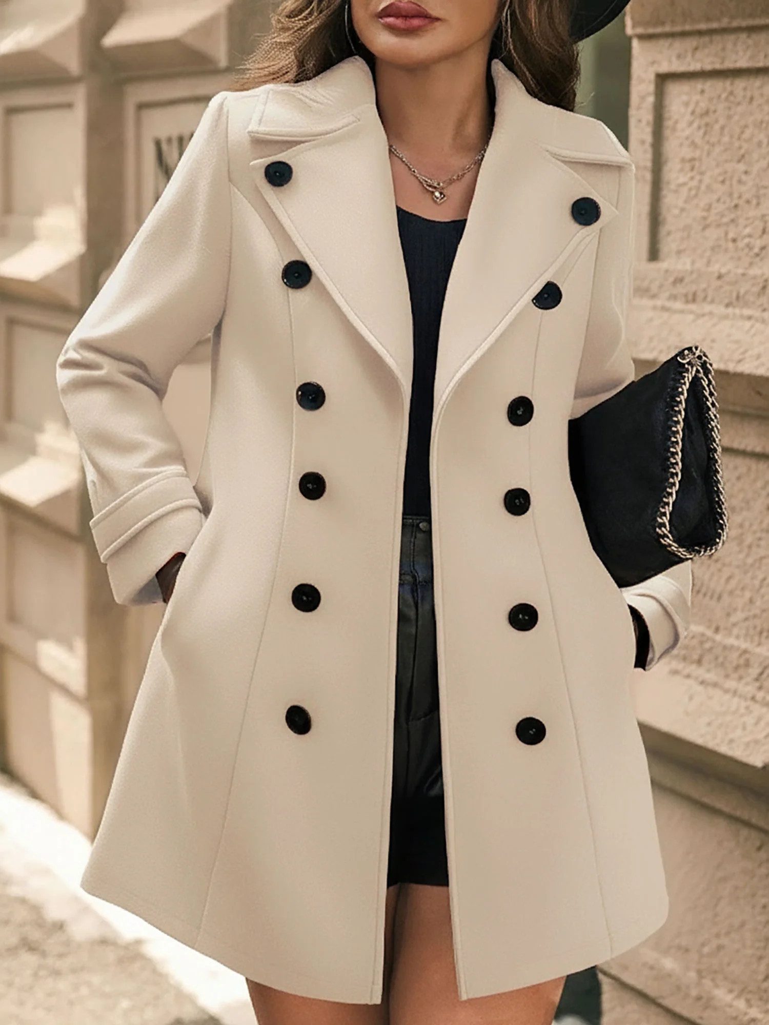 Notched Lapel Buttoned Decor Open Front Coat | allegra-k