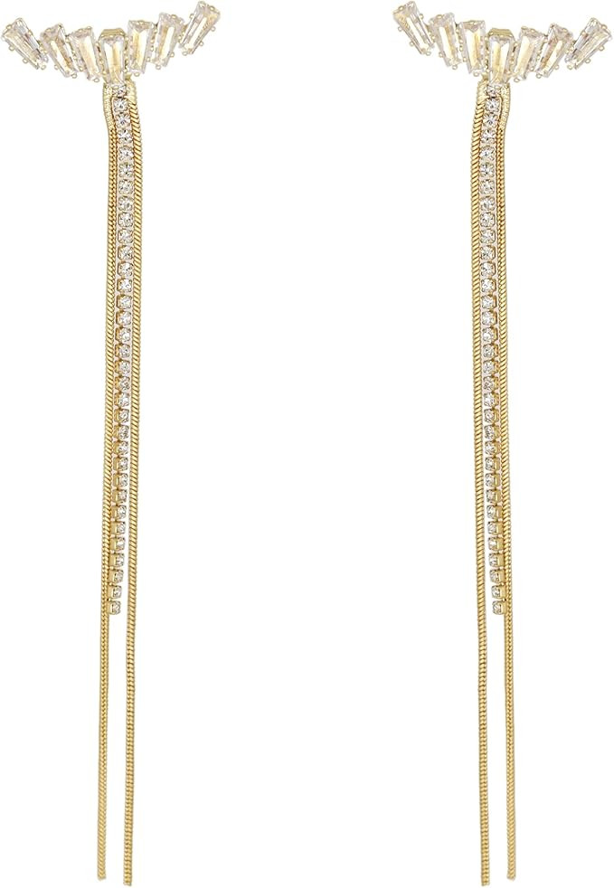 JeanBeau Long Tassel Chain Earrings for Women - Crystal Rhinestone Zircon Strand Bridal Chandelie... | Amazon (US)