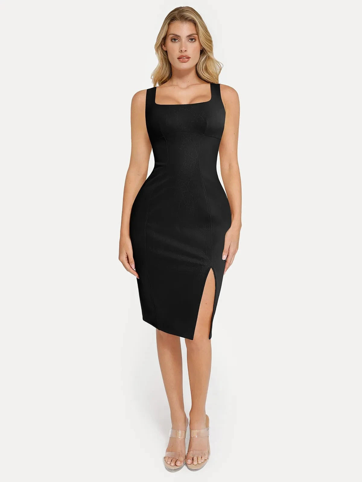 Shapewear Faux Nubuck Bodycon Sculpting Slit Midi Dress Black / XXL | Popilush