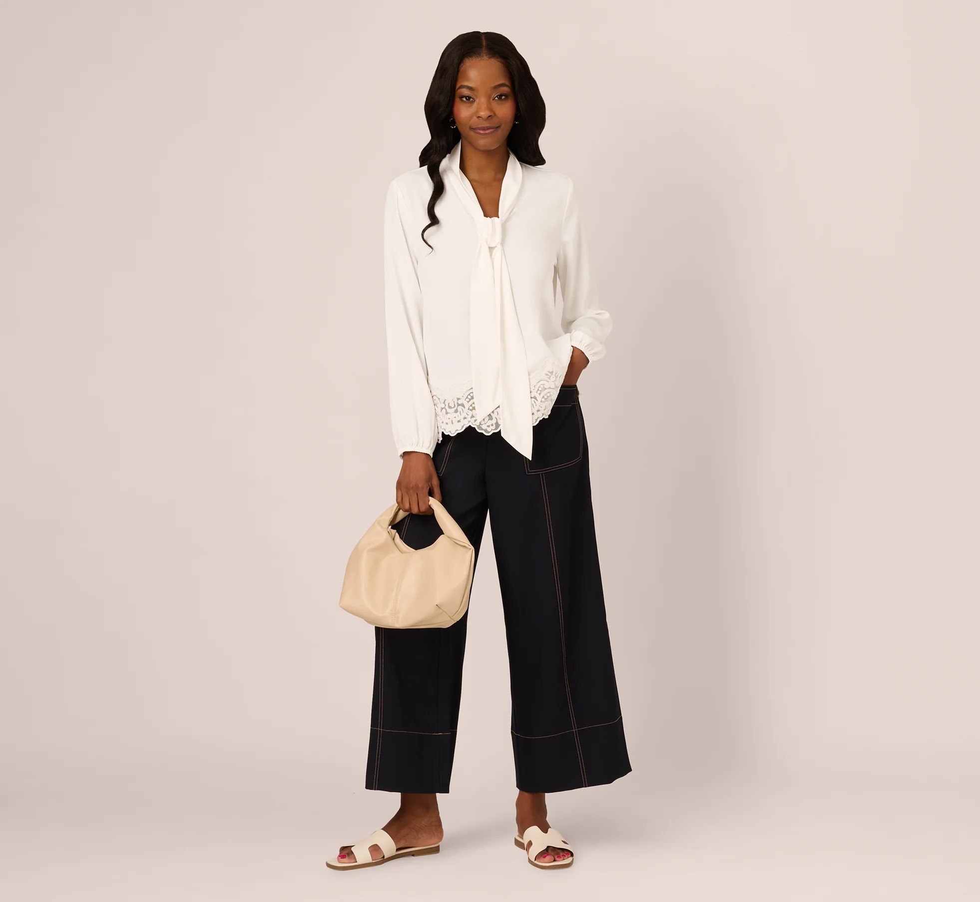 Lace Hem Tie Neck Blouse In Ivory | Adrianna Papell