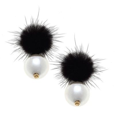 Aster Mink Pom & Pearl Earrings in Black | CANVAS