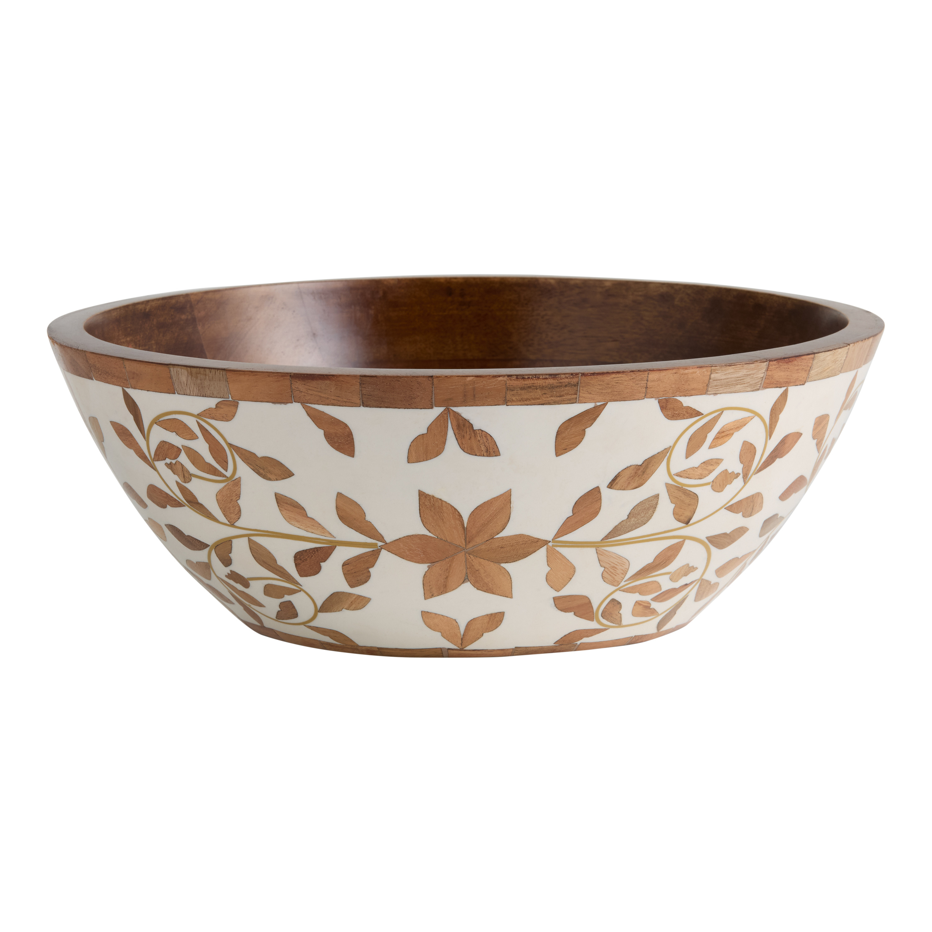 White Floral Inlay Wood Salad Serving Bowl | World Market