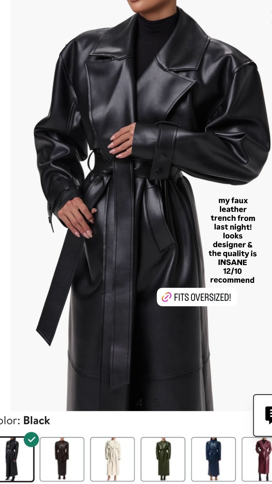 Love this faux leather trench! Fits oversized 

#LTKNYFW #LTKdayinmylife #LTKgrwm