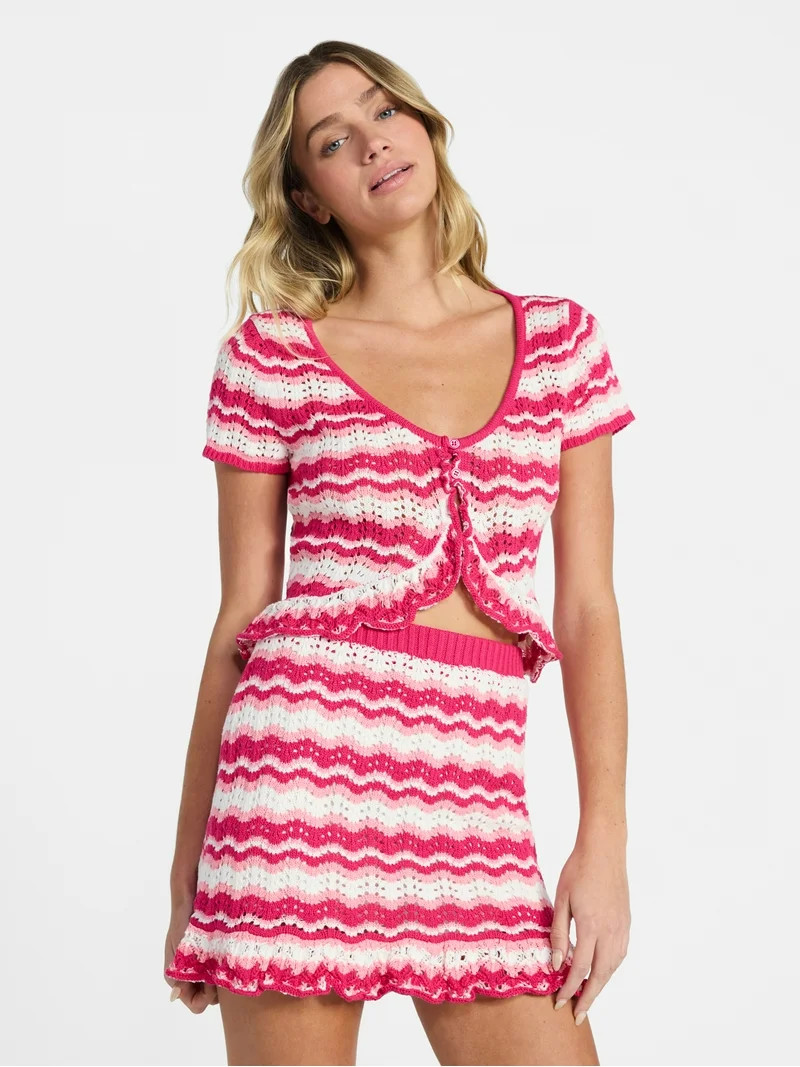 No Boundaries Ruffle Pointelle Cardigan and Skirt Set, 2-Piece, Women’s XXS-XXL | Walmart (US)