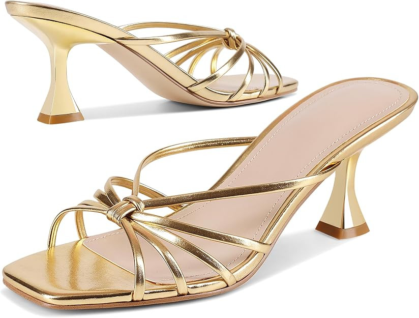 Kitten Heel Sandals for Women Mules Strappy Square Open Toe with Knotted Design Low Heel Slip On ... | Amazon (US)
