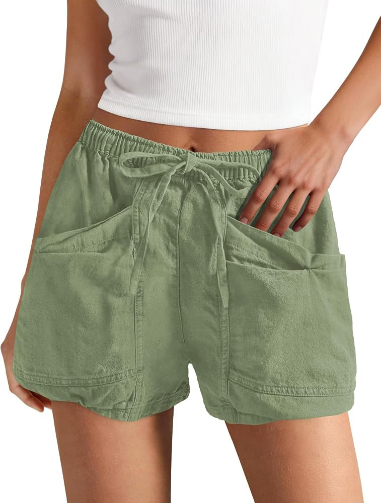 Yanekop Womens Cotton Linen Shorts High Waisted Drawstring Cargo Shorts Summer Beach Wide Leg Bot... | Amazon (US)