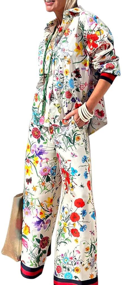 LILTWIST Summer Graffiti Pants Sets for Women Boho Printed 2 Piece Wide Leg Pajama Set Button dow... | Amazon (US)