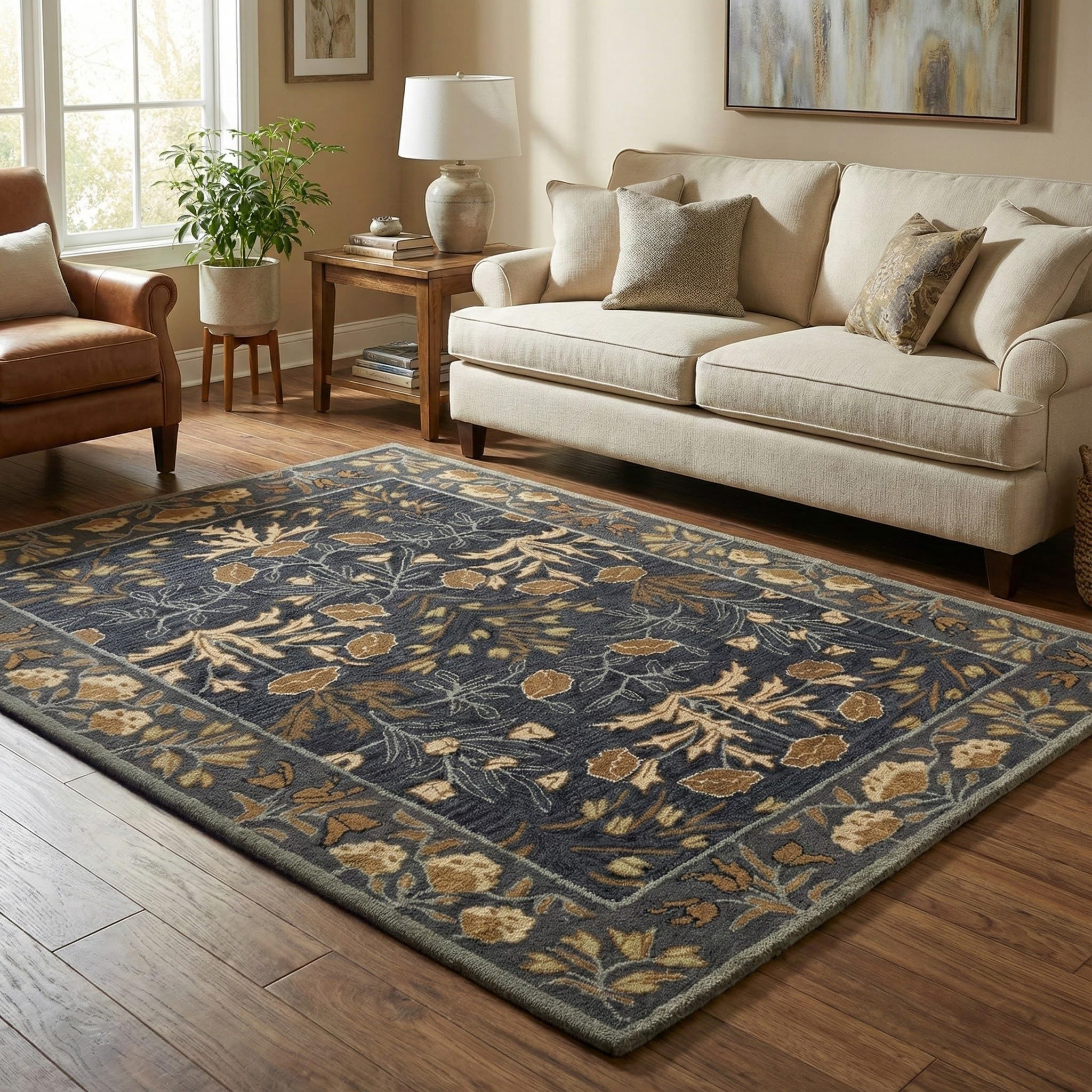 Restoration and Renovation Handmade Floral Adeline Beige/Blue Tulips Traditional Crafted Wool Area Rug for Living Room Bedroom and Kitchen (Blue, 4X6 FT) | Amazon (US)
