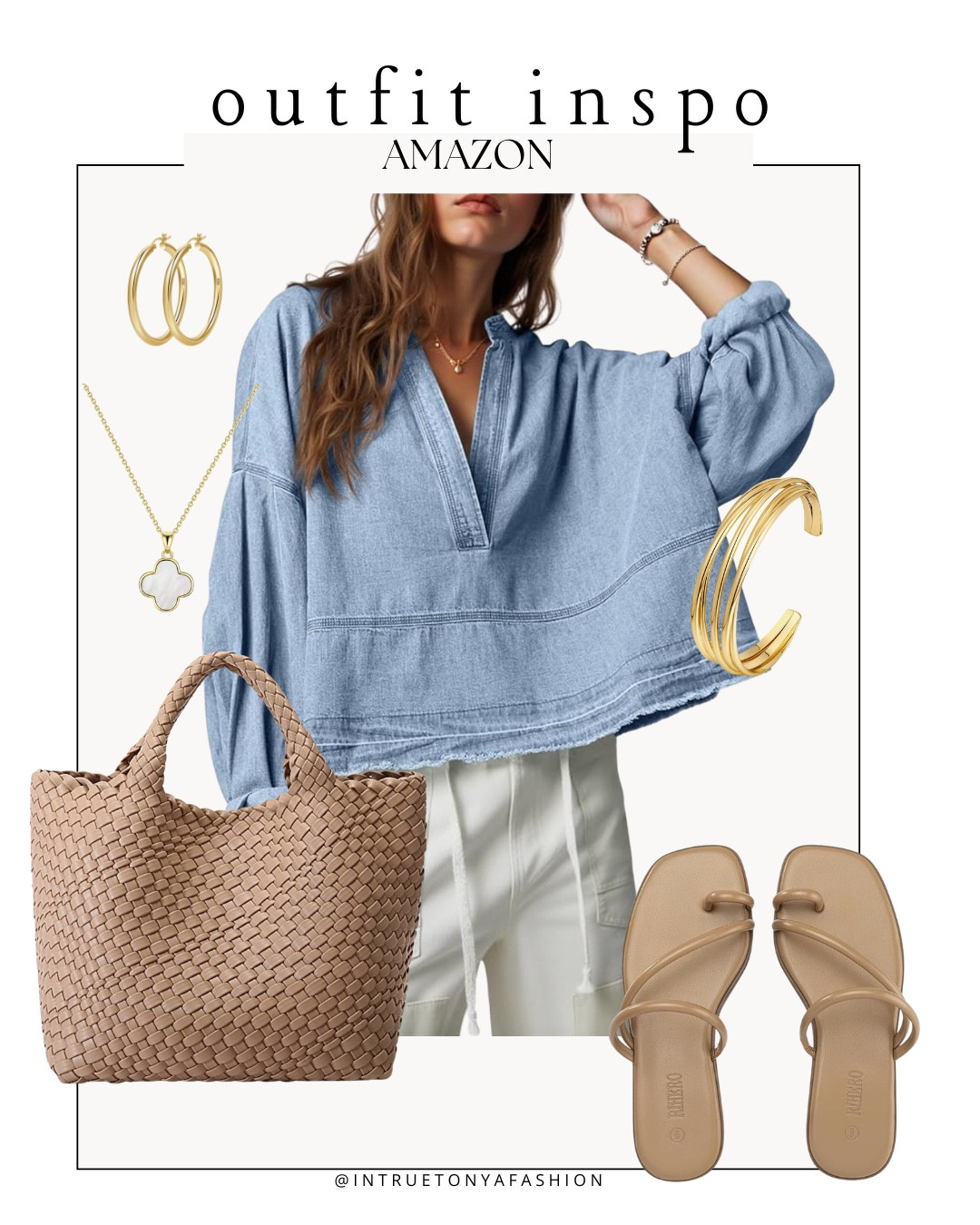 Chambray top, tote bag, sandals and gold jewelry. Everything from amazon 






outfit inspo, outfit ideas, casual outfits amazon, amazon outfits every day, spring outfits 2026, summer outfits

#LTKootd #LTKSaleAlert #LTKPetite