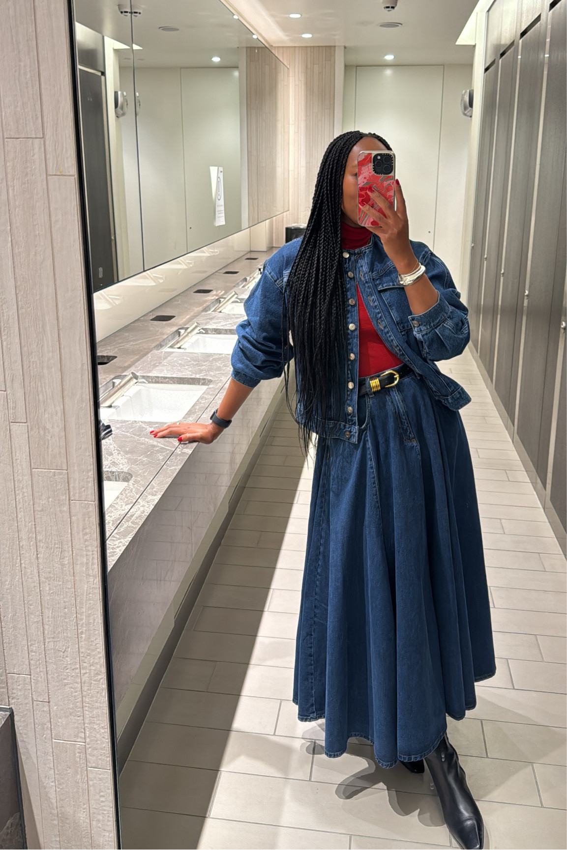 Chic stylist double denim maxi skirt denim jacket 
