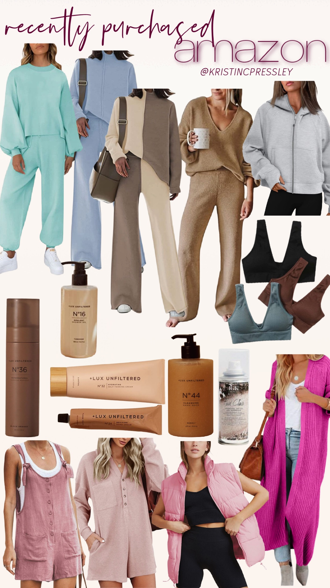 My recent Amazon hall. Amazon beauty. Tanning mousse. Lux beauty. Lounge set. Sports bra set. Lounge top. Lululemon dupe. Sweatshirt. Cardigan. Spring cardigan. Lounge romper. Spring romper. Pink romper. Pink cardigan. Pink jumpsuit. Gradual self tan. Skin care.

#LTKSeasonal #LTKstyletip #LTKbeauty