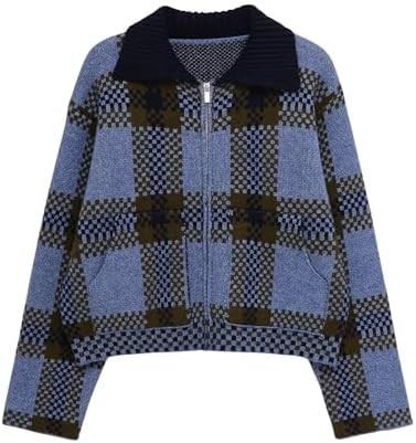 Chevara Women’s Checkered Cardigan Sweater Vintage Lapel Collar Long Sleeve Zip Up Knit Sweatsh... | Amazon (US)