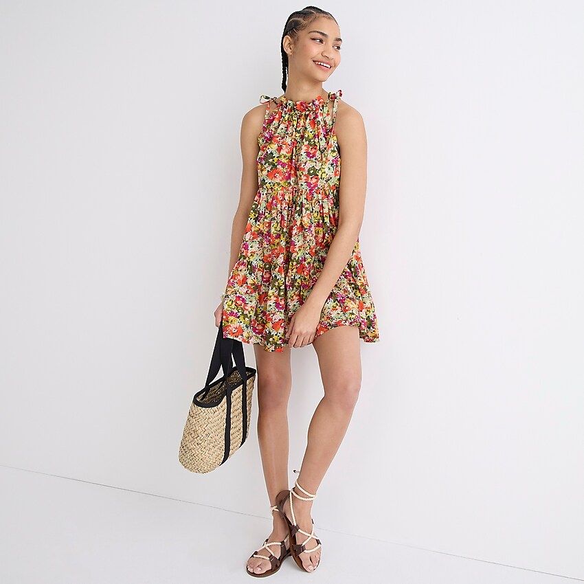 Tie-shoulder tiered mini dress in painterly floral | J.Crew US