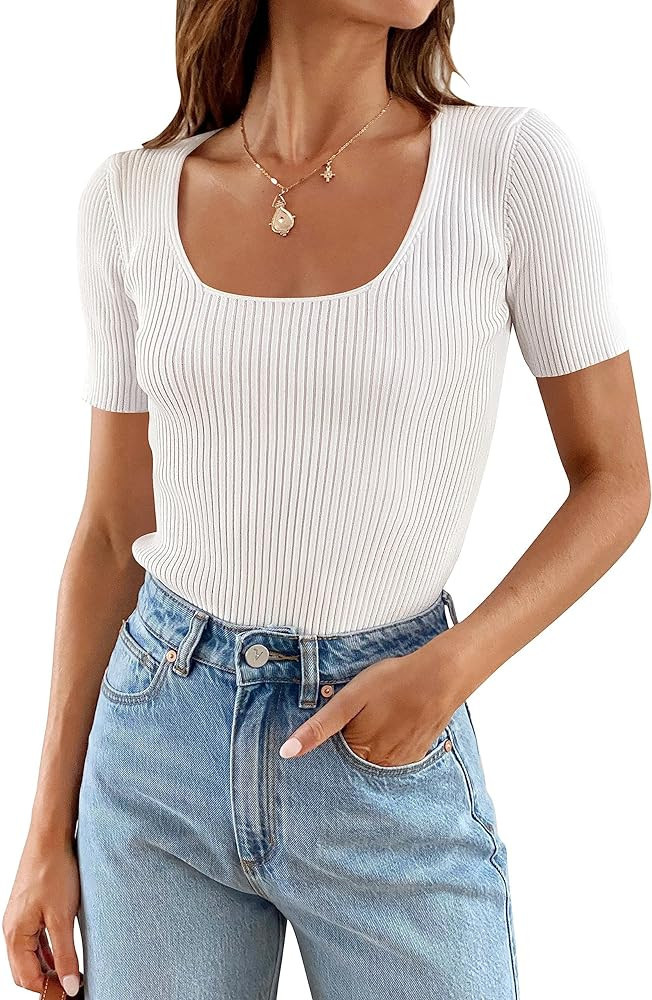 ZESICA Women's Short Sleeve Square Neck T Shirts 2024 Summer Slim Fitted Ribbed Knit Basic Casual... | Amazon (US)