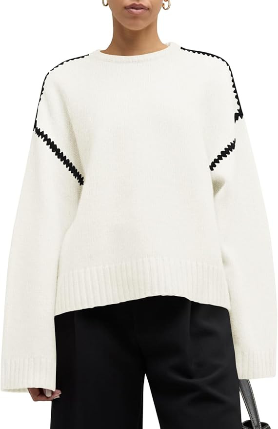 Saodimallsu Womens Sweaters Crewneck Long Sleeve Fall Chunky Knit Sweater Color Block Slouchy Loo... | Amazon (US)