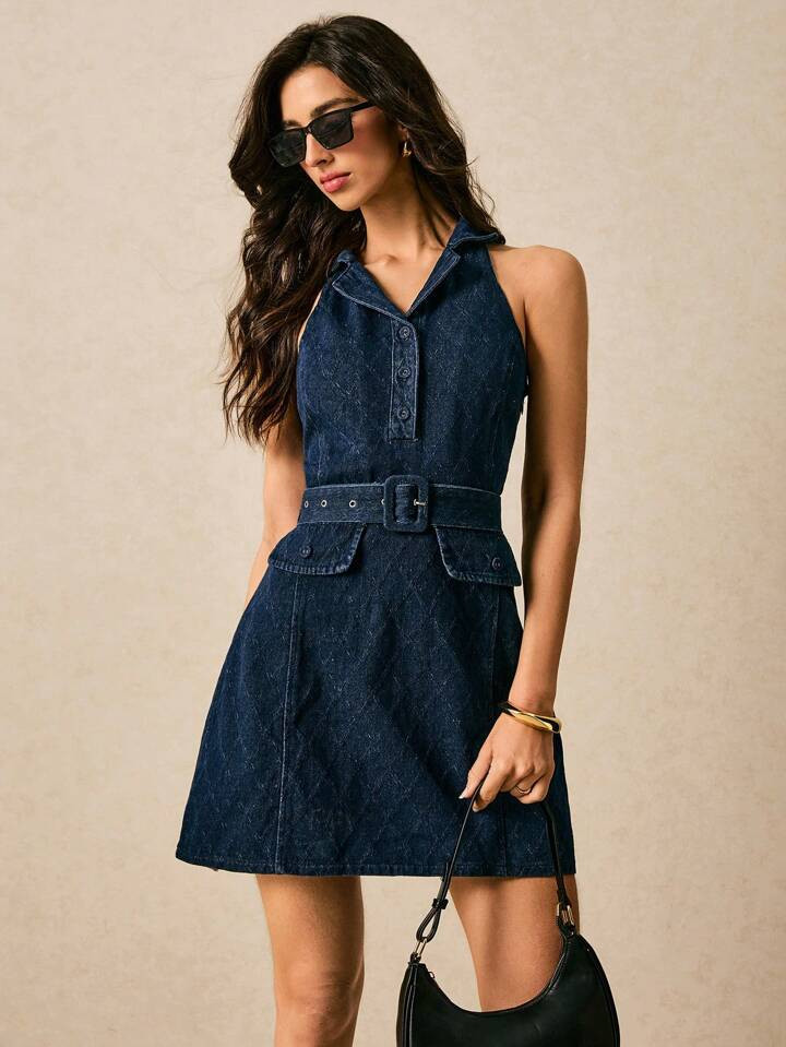 Poéselle Women Button Half-Placket Casual Sleeveless Denim Dress,Y2k,Elegant Dresses For Women,Old Money Style Women,Summer Dresses,Summer Outfits For Women | SHEIN