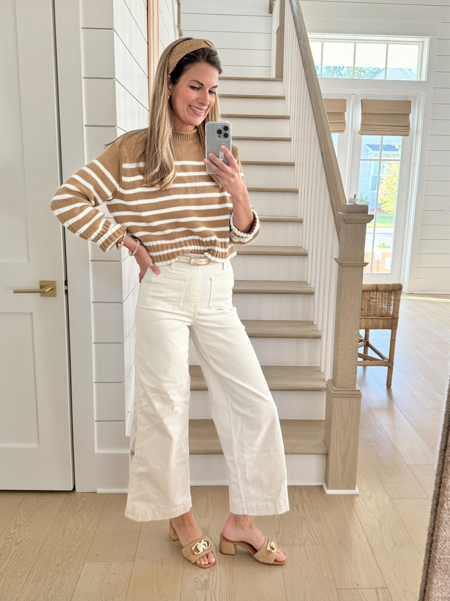 Small tall cropped wide leg jeans.  Use code RACHELXSPANX for a discount. I’m 5’11”.  Wearing small in the sweater.  Sandals true to size.  

#LTKstyletip #LTKshoecrush #LTKover40