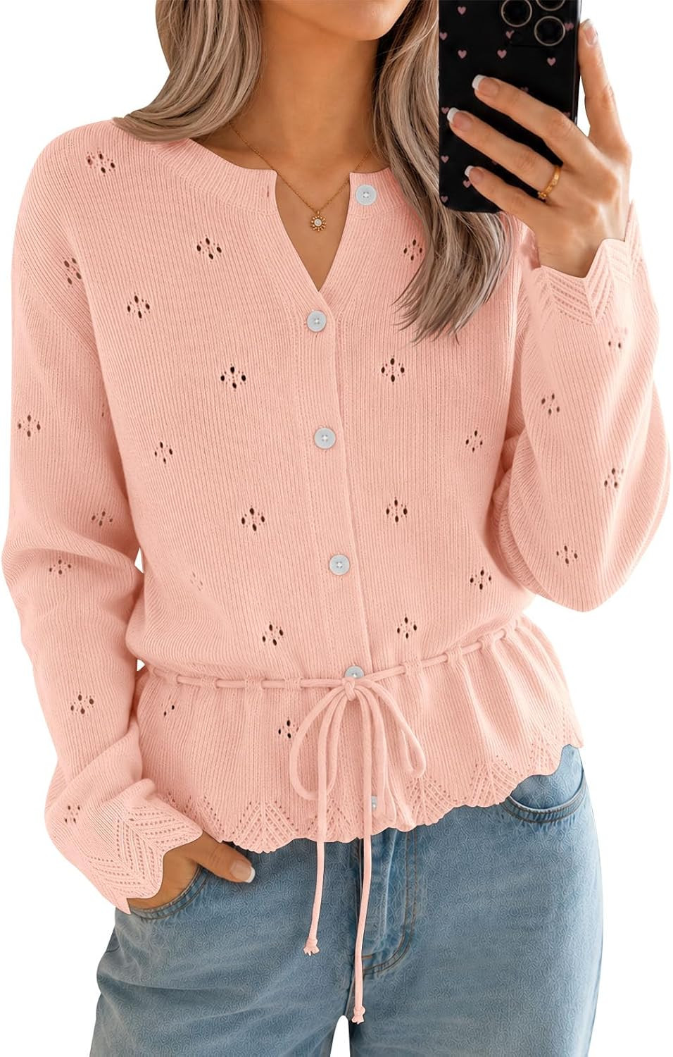 Saodimallsu Womens Crochet Cardigan Long Sleeve Button Down Drawstring Bow Tie Front Scalloped Knit Sweater Tops | Amazon (US)