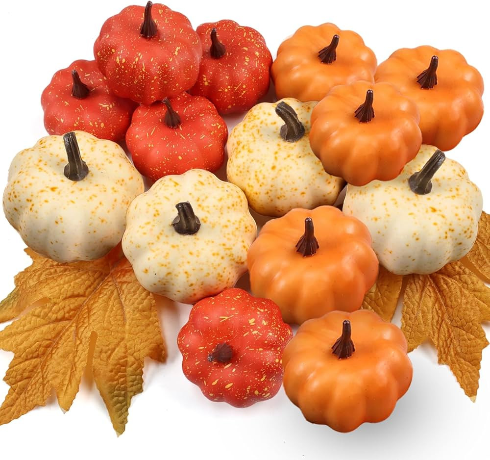 16PCS Artificial Mini Fake Pumpkins Set，Foam Plastic Pumpkins with Fall Leaves，Carvable DIY S... | Amazon (US)