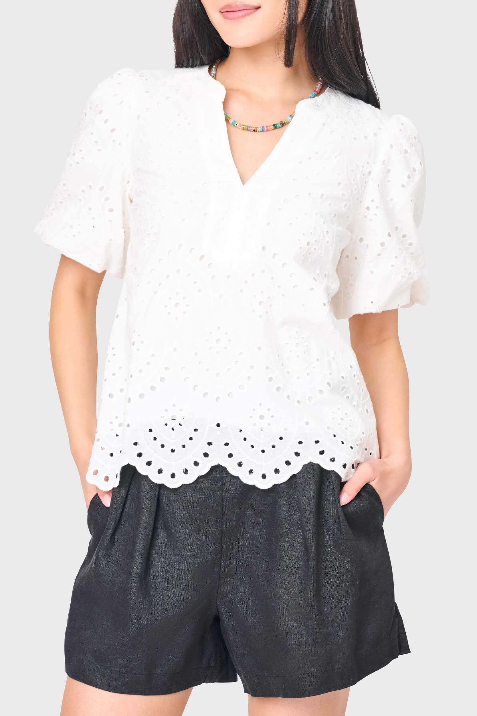 Bubble Sleeve Split Neck Top | White Eyelet Blouse Gibsonlook | Gibsonlook