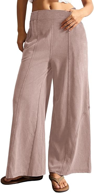 EVALESS Women's Wide Leg Baggy Pants Casual Elastic Waist Acid Wash Cotton Knit Palazzo Pants Boh... | Amazon (US)