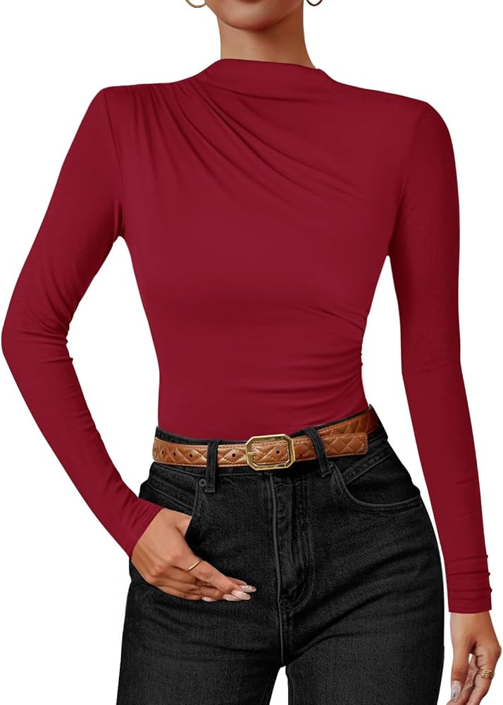 ZESICA Women's Long Sleeve Tops Mock Neck Ruched Tight Shirts 2025 Fall Trendy Outfits | Amazon (US)
