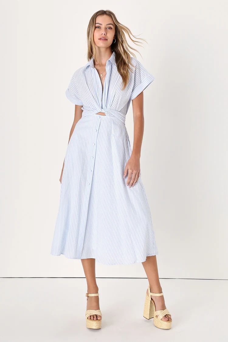 Adorable Impression White and Blue Midi Dress With Pockets | Lulus