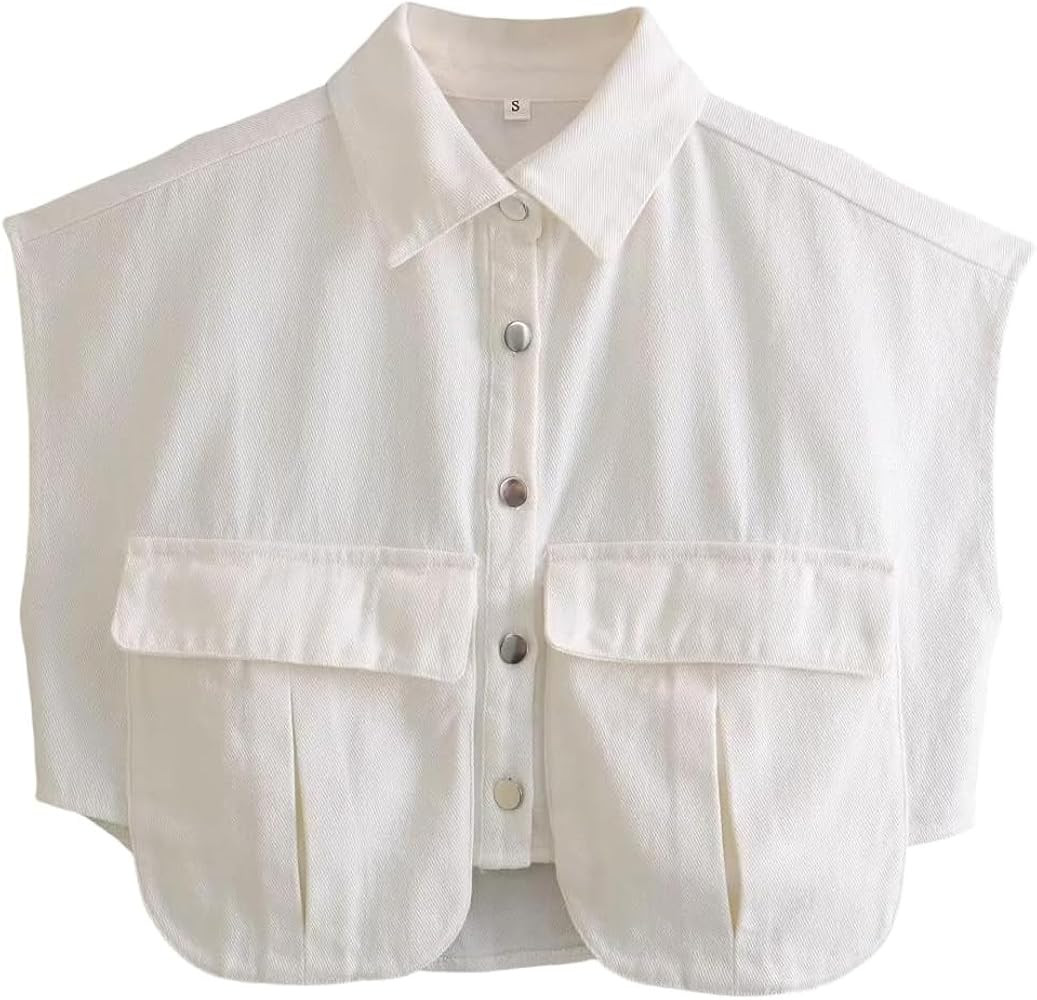 Hotmiss Womens Cropped Button Down Shirt Summer Collared Sleeveless Loose Denim Top with Pockets | Amazon (US)