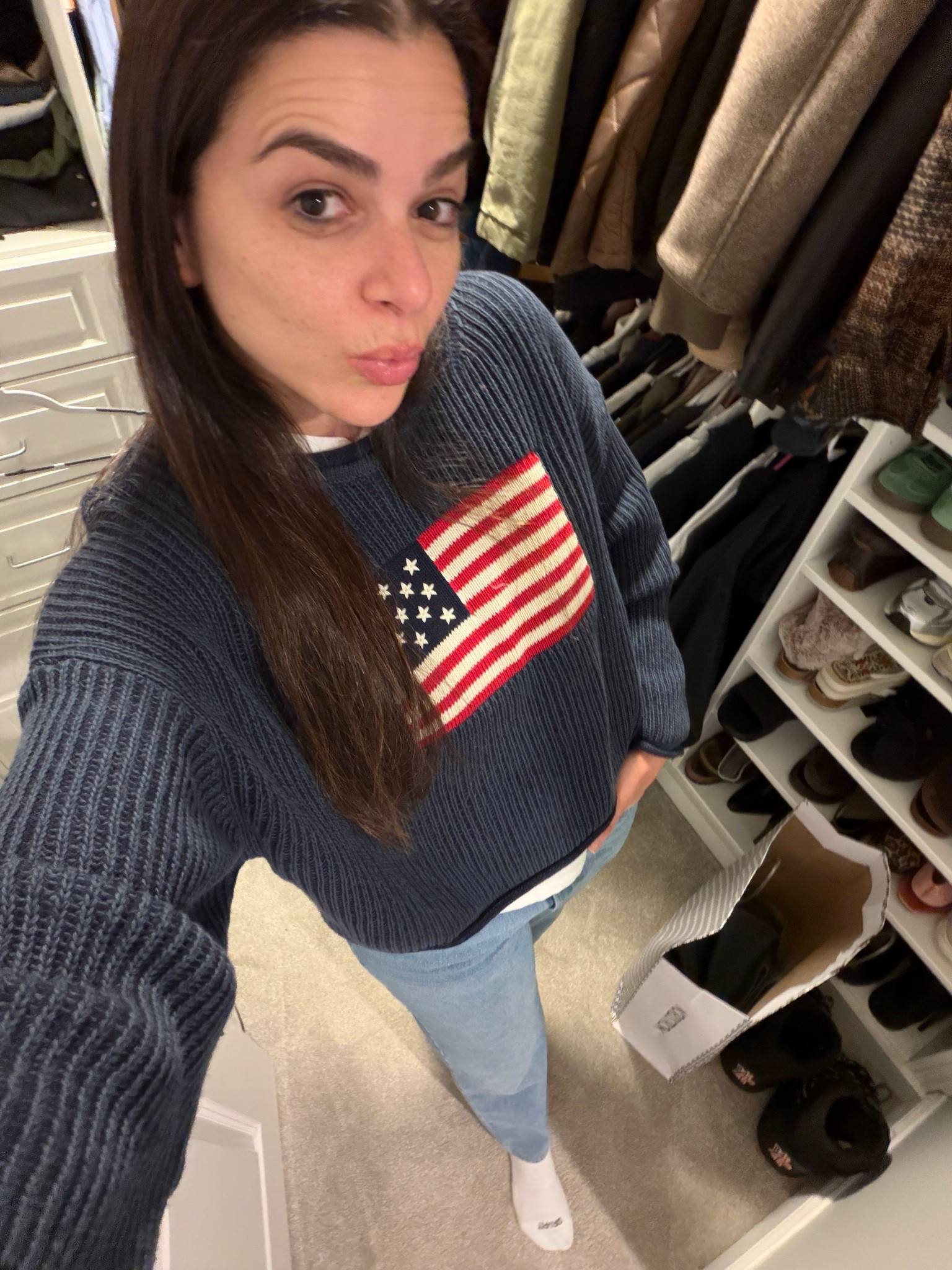 Cozy casual outfit 🤍 wearing my new Gap American flag sweater and I’m obsessed. This 100% cotton oversized crop sweater is soft, comfy, and perfect for everyday wear. Easy winter outfit, great layering piece, and such a classic Americana style sweater. I sized Medium and it runs a bit short, so I layered it with a white tee underneath. Perfect for casual mom outfits, weekend wear, errands outfit, closet staples, and capsule wardrobe basics. 🇺🇸✨

#GapStyle #GapSweater #AmericanFlagSweater #CozyOutfit #CasualOutfit #EverydayStyle 

#LTKmomlife #LTKMidsize #LTKootd