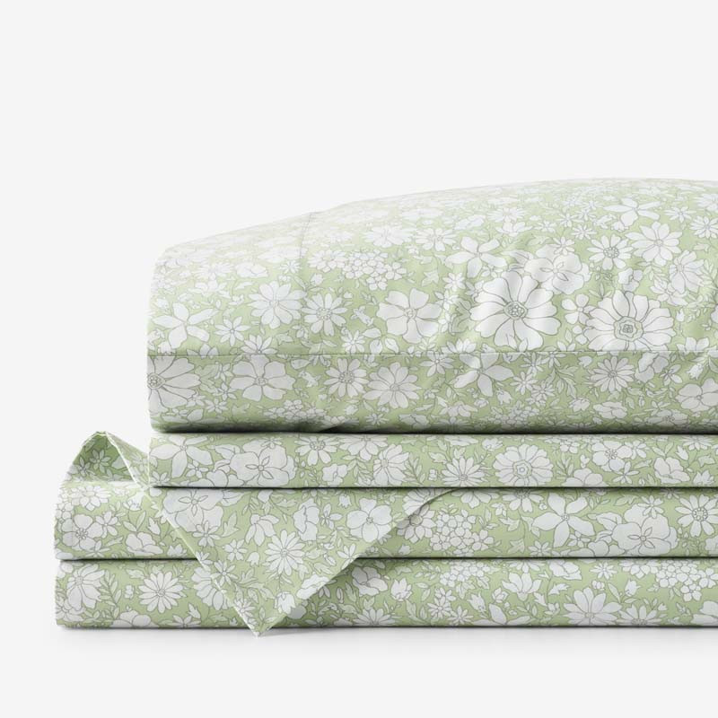 Misty Meadow Floral Classic Smooth Sateen Bed Sheet Set - Green, Twin | The Company Store