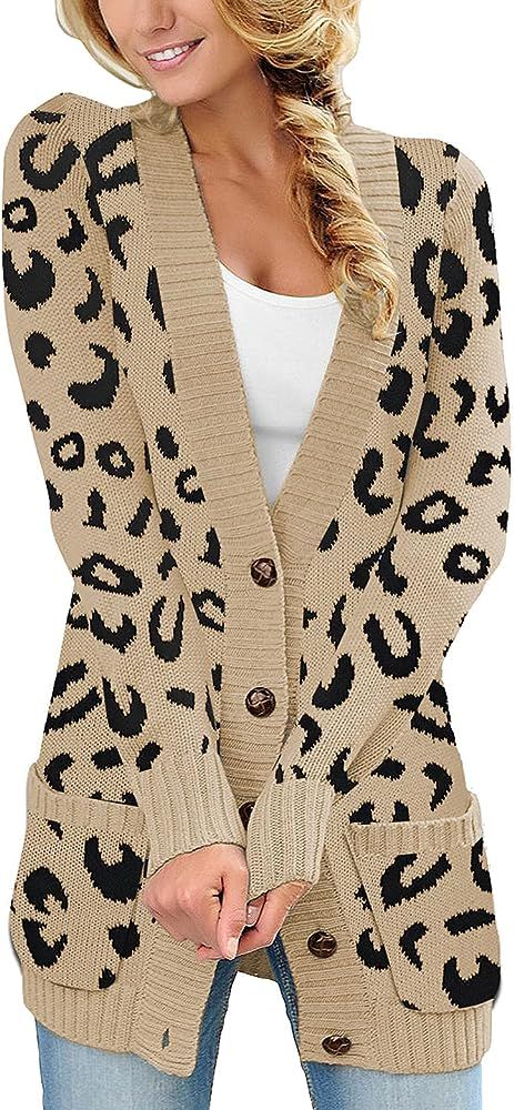 Lookbook Store Women Long Sleeve Leopard Print Sweater Coat Button Knit Cardigan | Amazon (US)