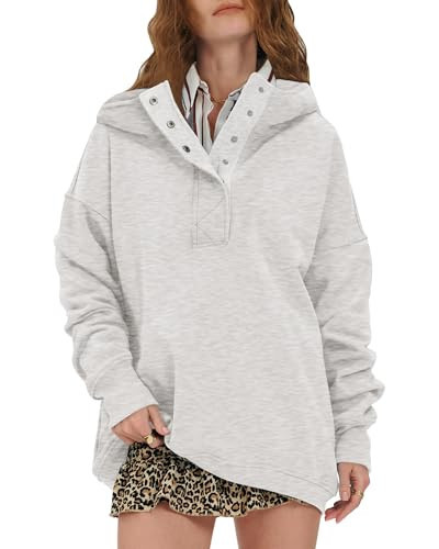 Locachy Womens Oversized Sweatshirt Hoodies Button Henley Neck Pullover Tops Fashion Outfits Clothes Light Grey Medium | Amazon (US)