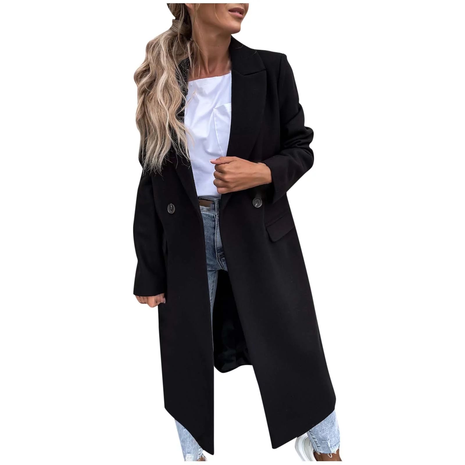 Hfyihgf Women's Elegant Trench Coat Notched Lapel Double Breasted Wool Blend Mid Long Peacoat Ove... | Walmart (US)
