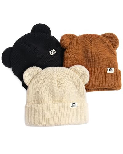 FURTALK Baby Beanie Winter Hat with Bear Ear for Infant Toddler Boys Girls Soft Knitted Skull Cap Black+Beige+Caramel 0-6 Months | Amazon (US)