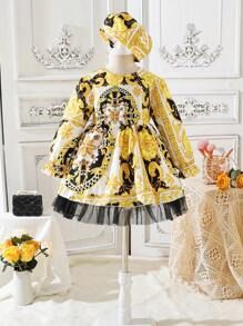 Baby Girl Baroque Print Flare Sleeve Mesh Hem Dress With Hat | SHEIN