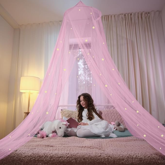 Pink Bed Canopy for Girls with Glowing Stars - Premium Canopy Bed Curtains | Fits Single, Twin, F... | Amazon (US)