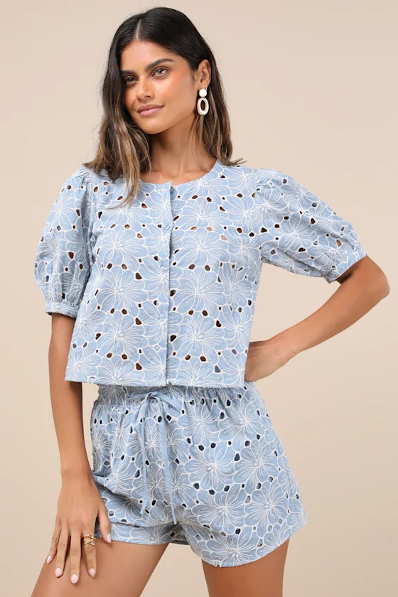 Aminta Blue Eyelet Embroidered Puff Sleeve Top | Lulus
