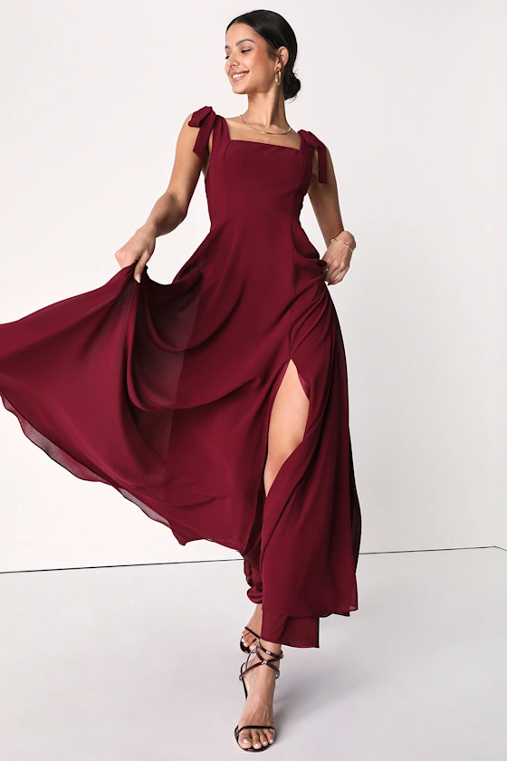 Love Me Forever Burgundy Tie-Strap Square Neck Maxi Dress | Lulus (US)