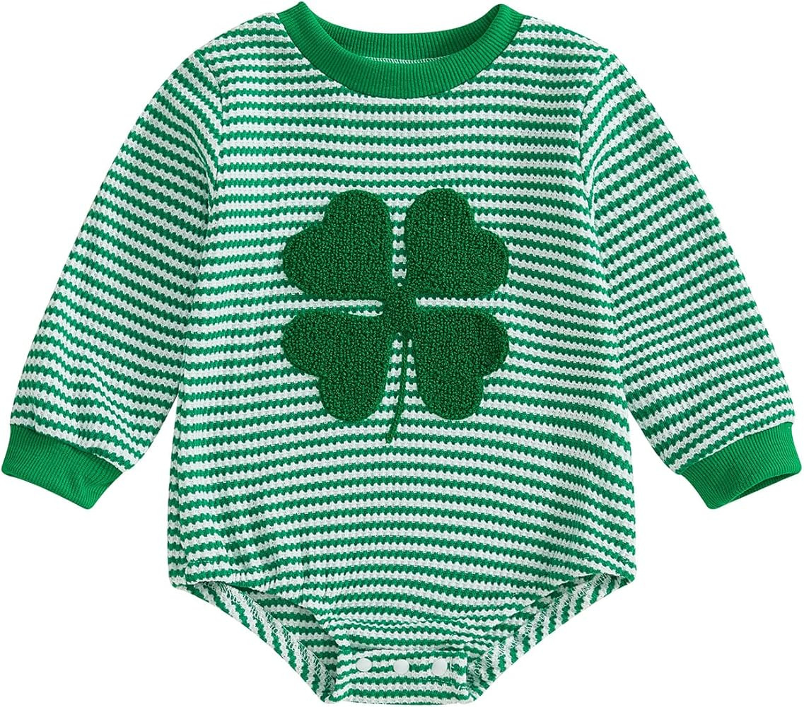 Karuedoo Newborn Baby Boy Girl St Patricks Day Outfit Clover Embroidery Striped Long Sleeve Bubbl... | Amazon (US)