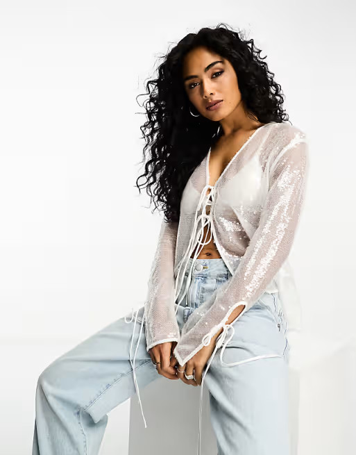 4th & Reckless sheer sequin tie detail top in white iridescent | ASOS (Global)