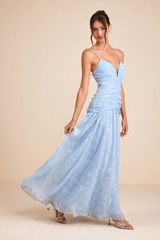 Payton Light Blue Floral Burnout Drop Waist Maxi Dress | Blue Wedding Guest Dress Blue | Lulus