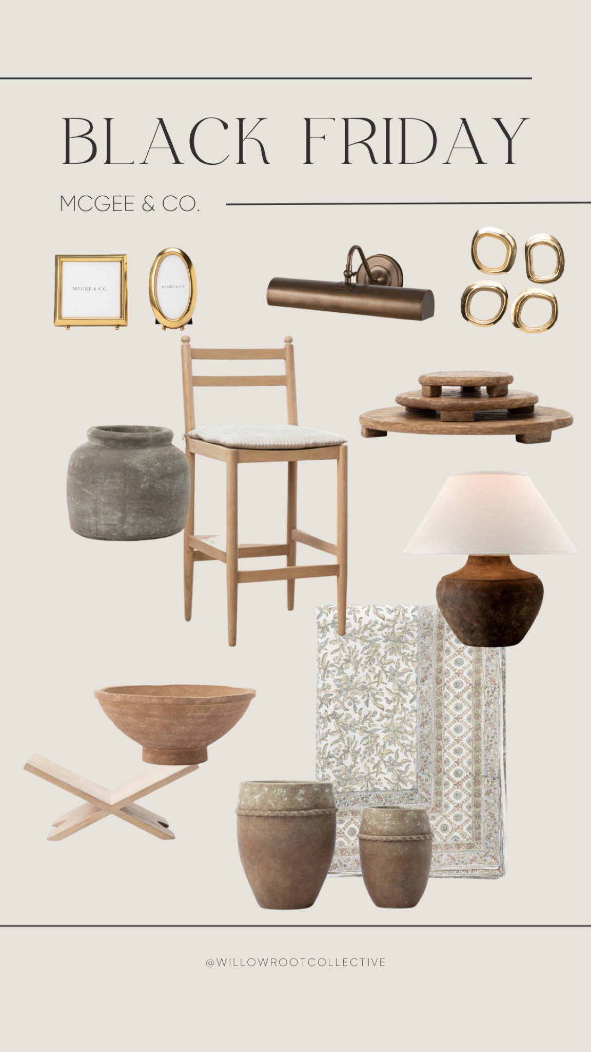 McGee & Co Black Friday sale. Picture light, brass napkin rings, brass picture frames, vintage crock, barstool, wooden trays, brown table lamp, vintage bowls, book holderr

#LTKsalealert #LTKCyberWeek #LTKhome